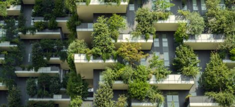 lägenhetsfasad med gröna växter