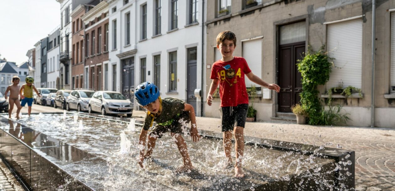 två barn leker i vattenpöl