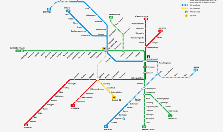 Karta över Stockholms nya tunnelbanelinjer