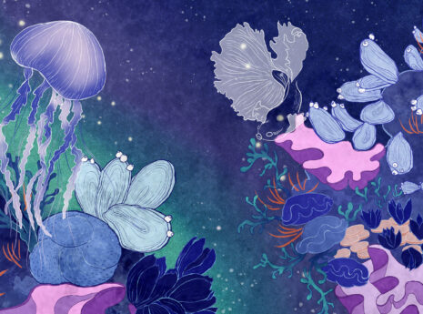 Illustration med maneter och vattenväxter