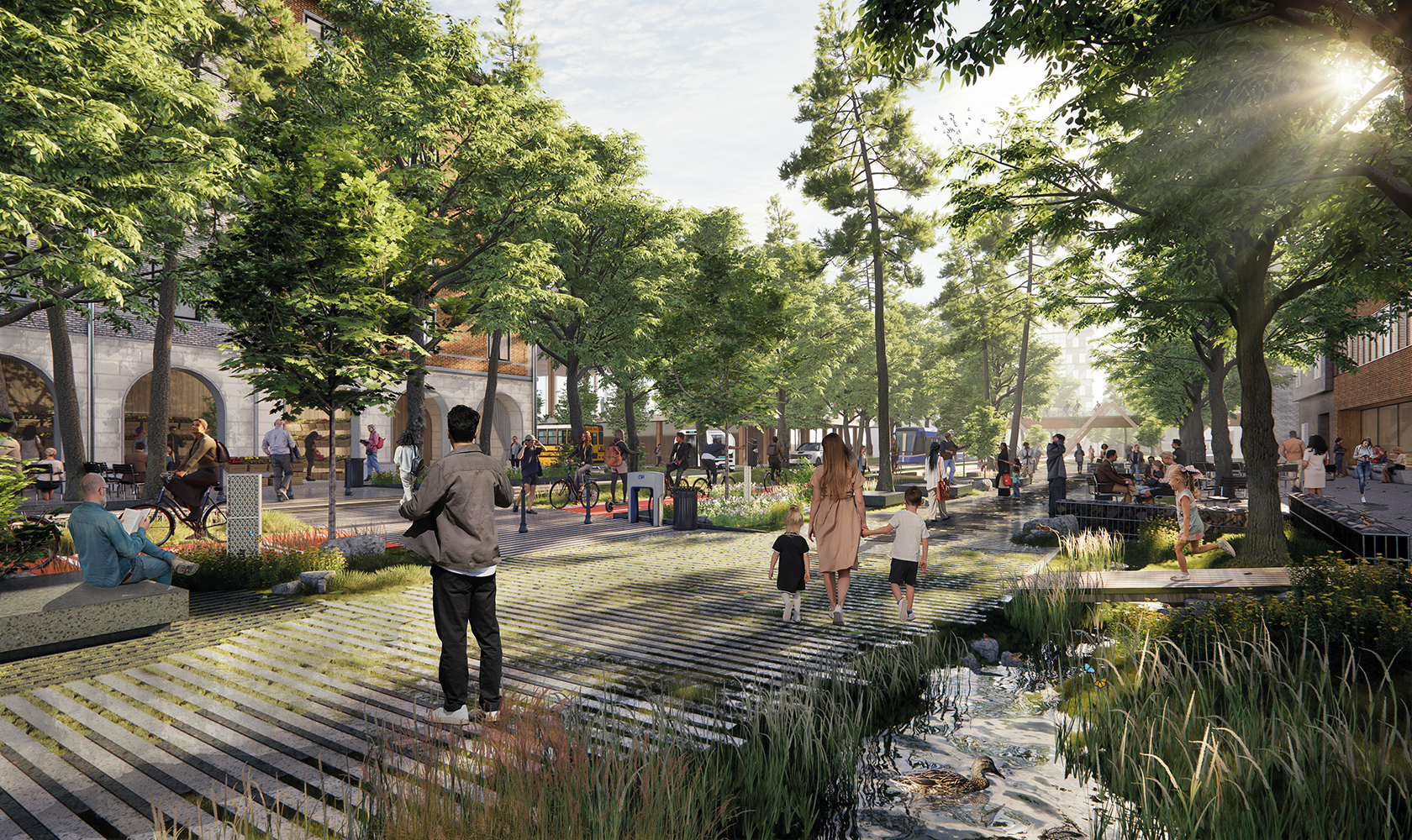 Illustration över en stadsvy med mycket gröna träd och människor i rörelse