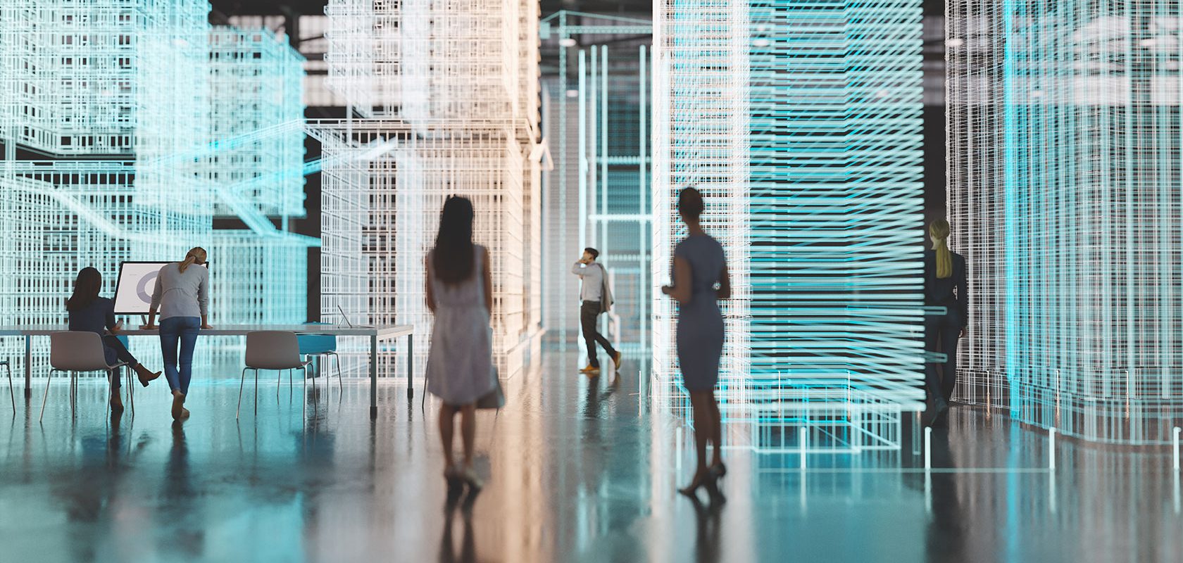 Människor går mellan hus i en digital modell