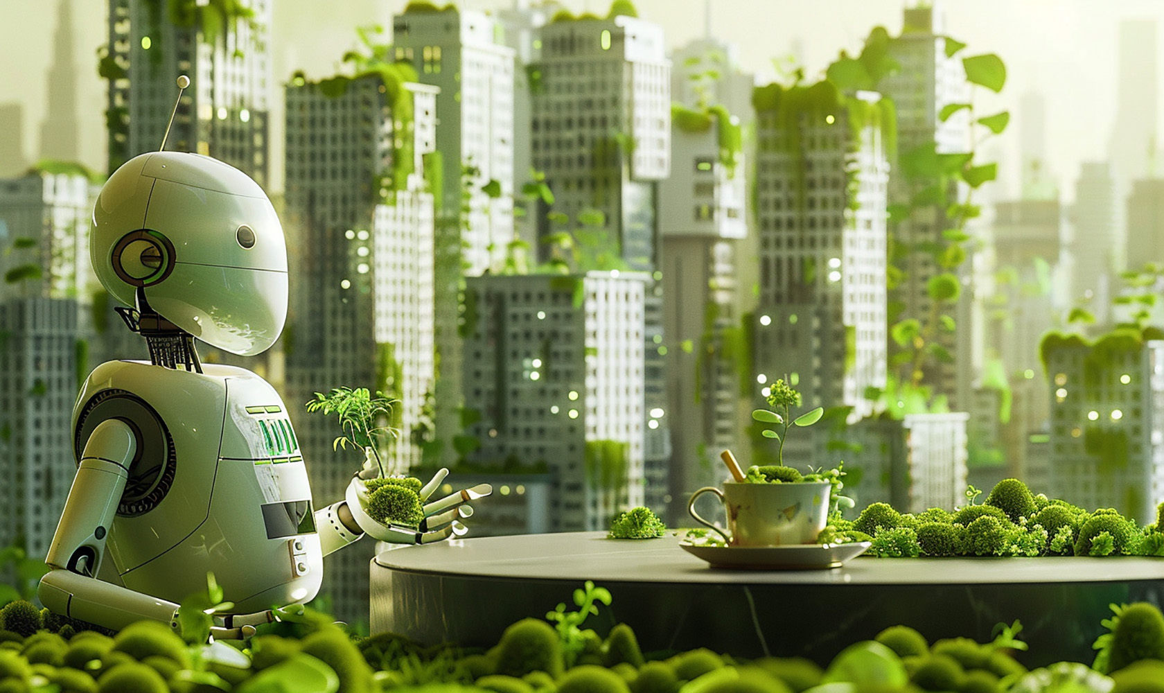 robot fikar i en grön stad