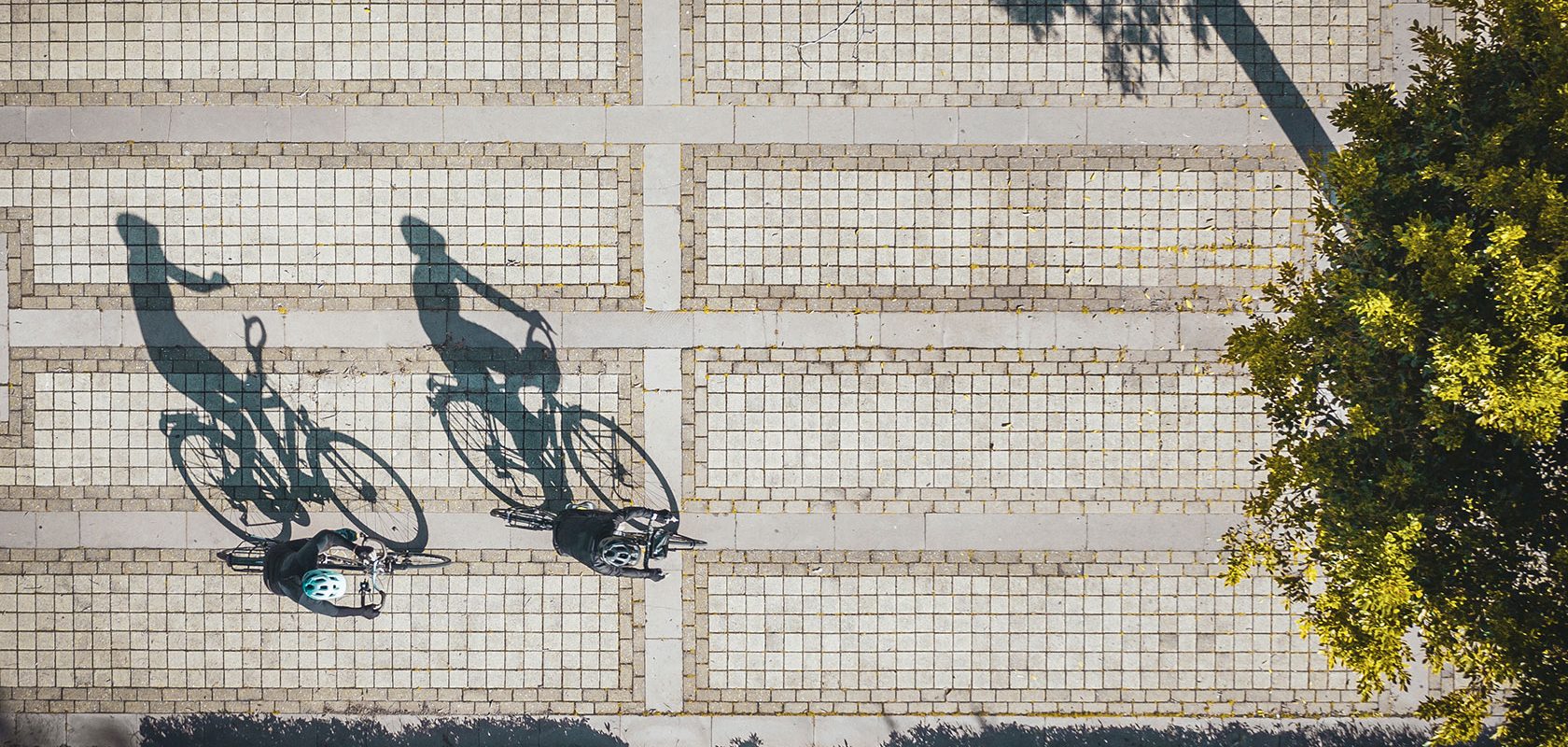 Cyklister med skuggor bakom sig