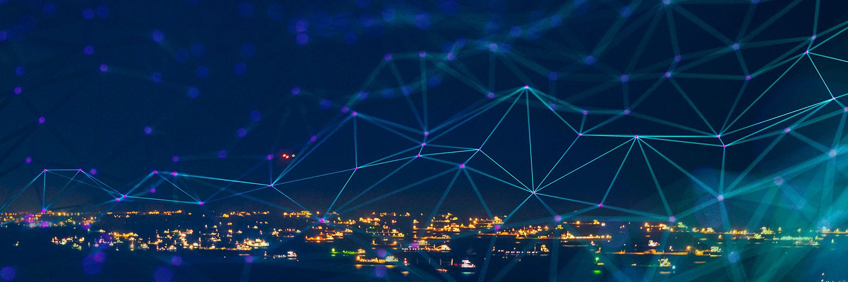 Animerad kvällshimmel över beslyst stad symboliserande ihopkopplade system