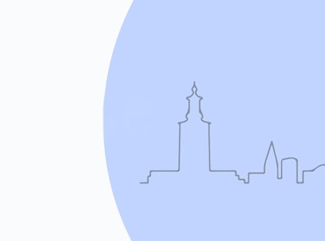 En stiliserad stad mot en blå bakgrund