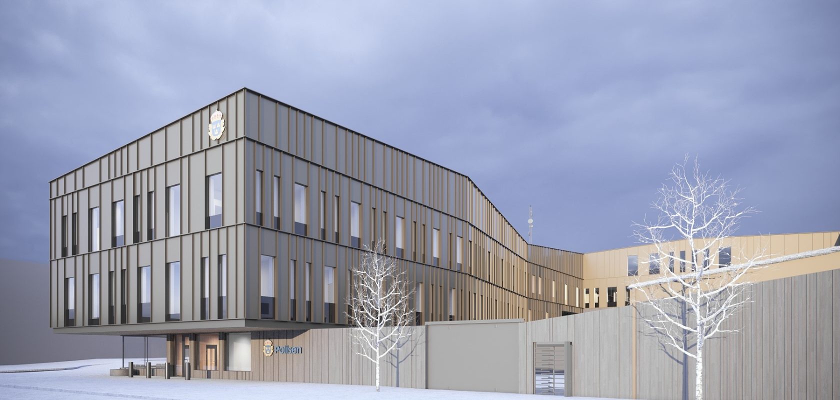 Rendering av polishus i snö, dagsbild