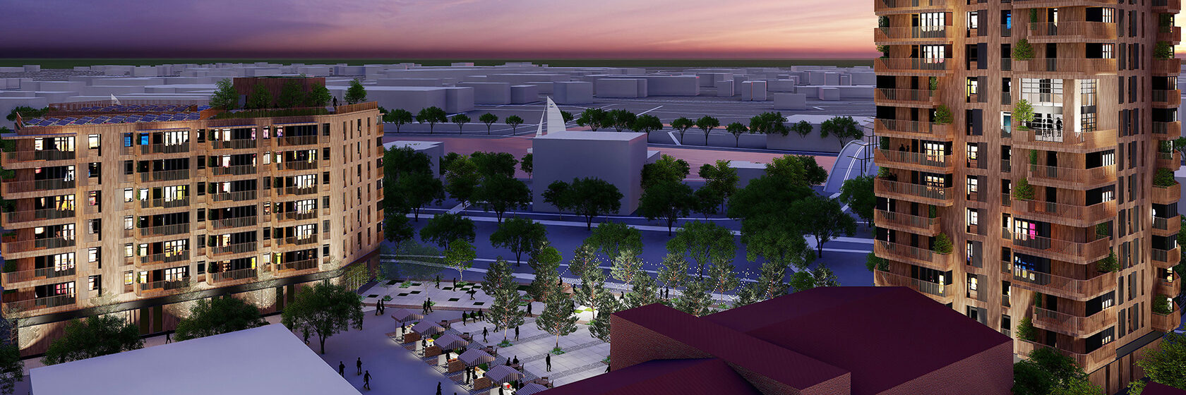 Visualisering av lägenhetsbyggnader med solnedgång