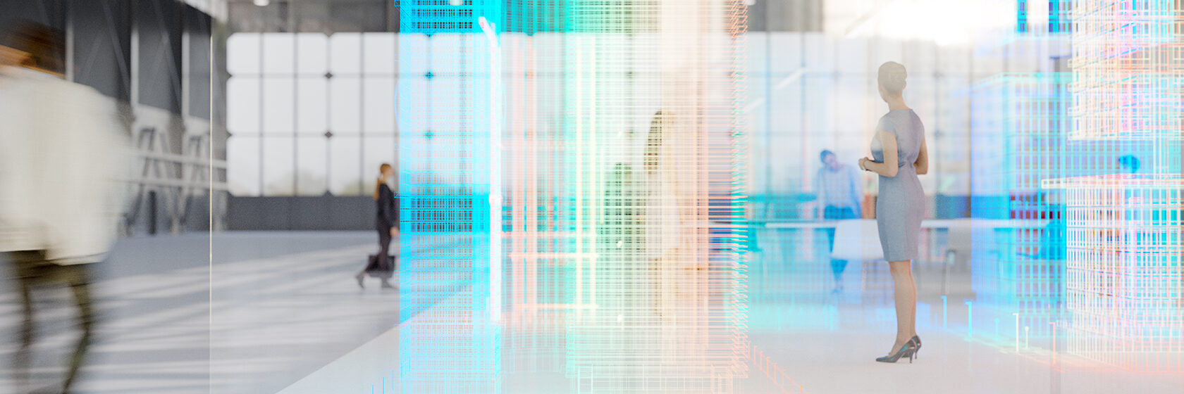 Människor går runt i en digital modell med höga hus