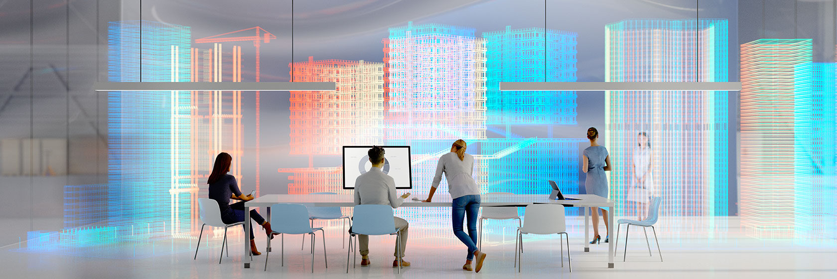 Människor i en stad med digitala modeller