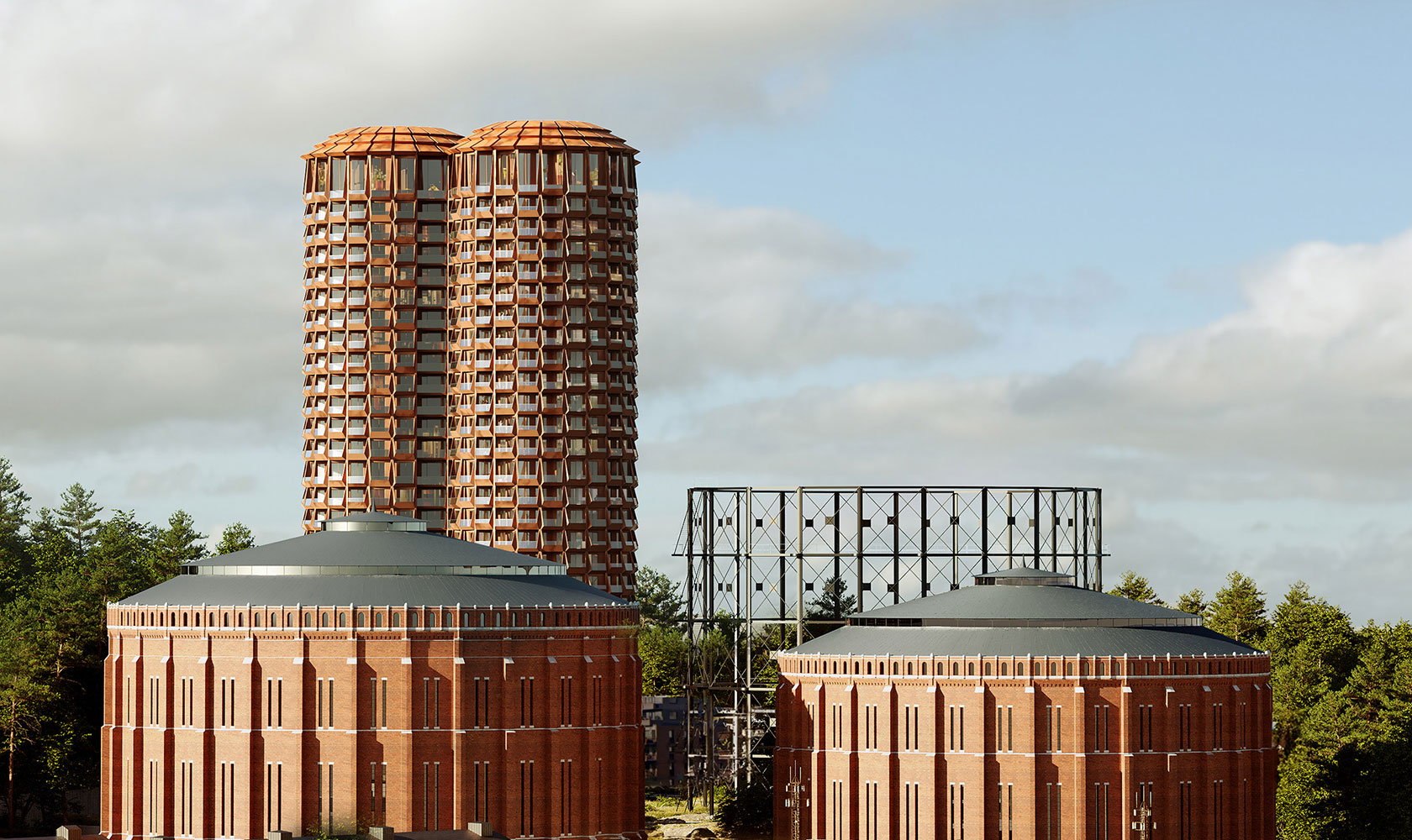 Höghuset Stadsljus framför gasklockorna