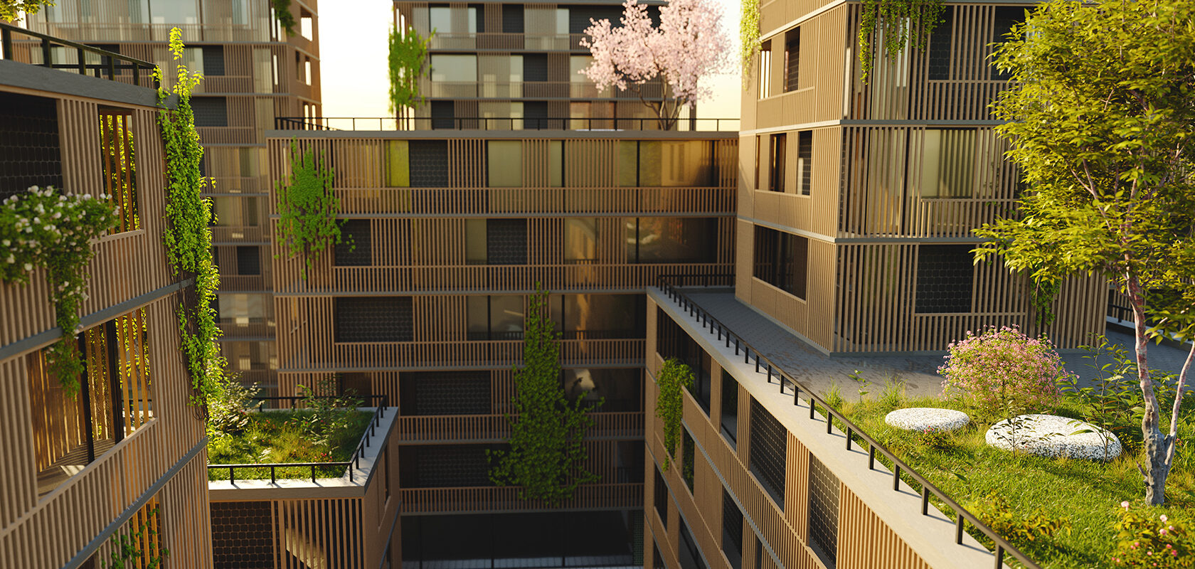 Vy över träbyggnader med gröna tak