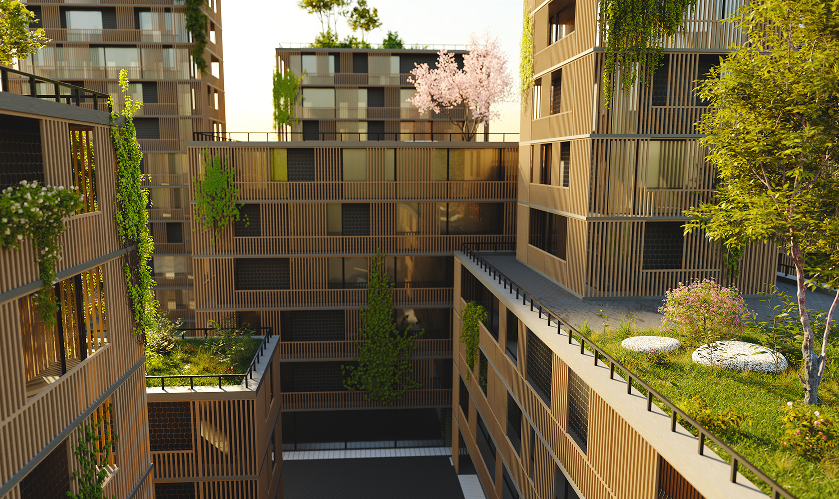 Vy över träbyggnader med gröna tak