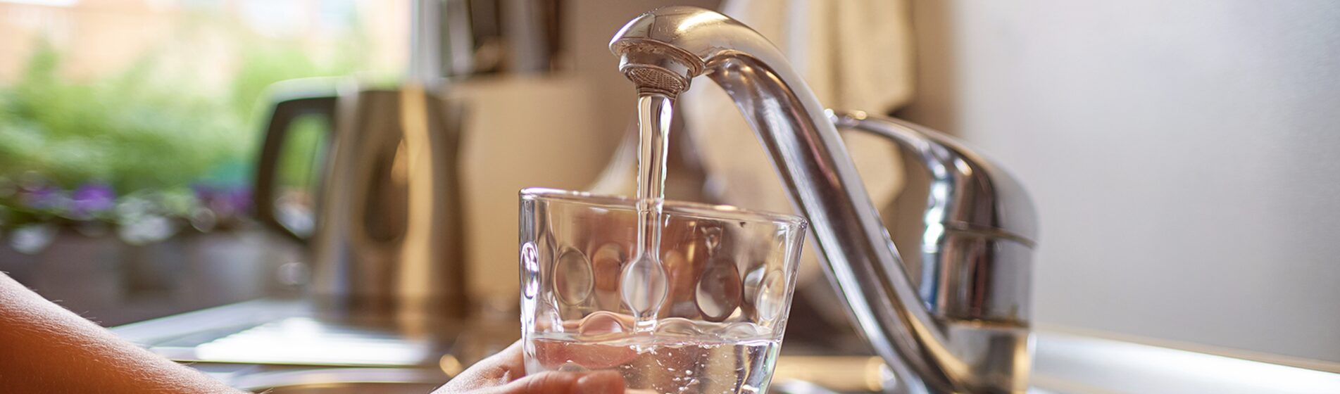Hand som håller ett glas under rinnande vattenkran