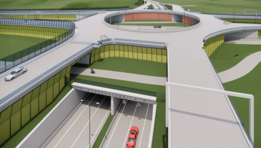 Visionsskiss av cirkulationsplats i tre plan för bilar och cyklar. Tunnelmynning ses under rondell.
