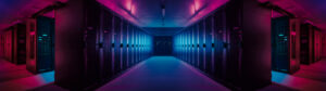 Wide-Angle Panorama Shot of a Working Data Center With Rows of Rack Servers. Red Emergency Led Lights Blinking and Computers are Working. Dark Ambient Light.
