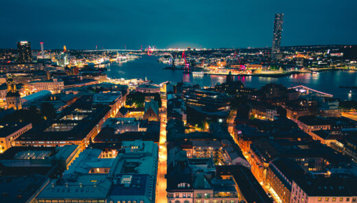 Flygplansbild över Göteborg på natten