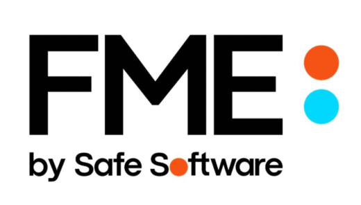 FME logotyp av Safe Software med svarta bokstäver och röda samt blå cirklar.
