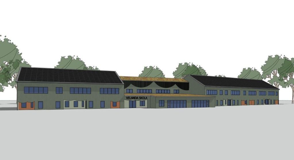Visualisering: Velanda Skola byggnad i grå med svarta tak och stora fönster, omgiven av träd och grönska.