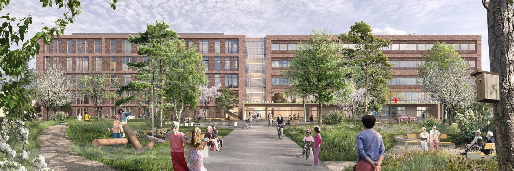 Arkitektvision av sjukhus med grönområde, människor, och cyklister framför byggnaden.