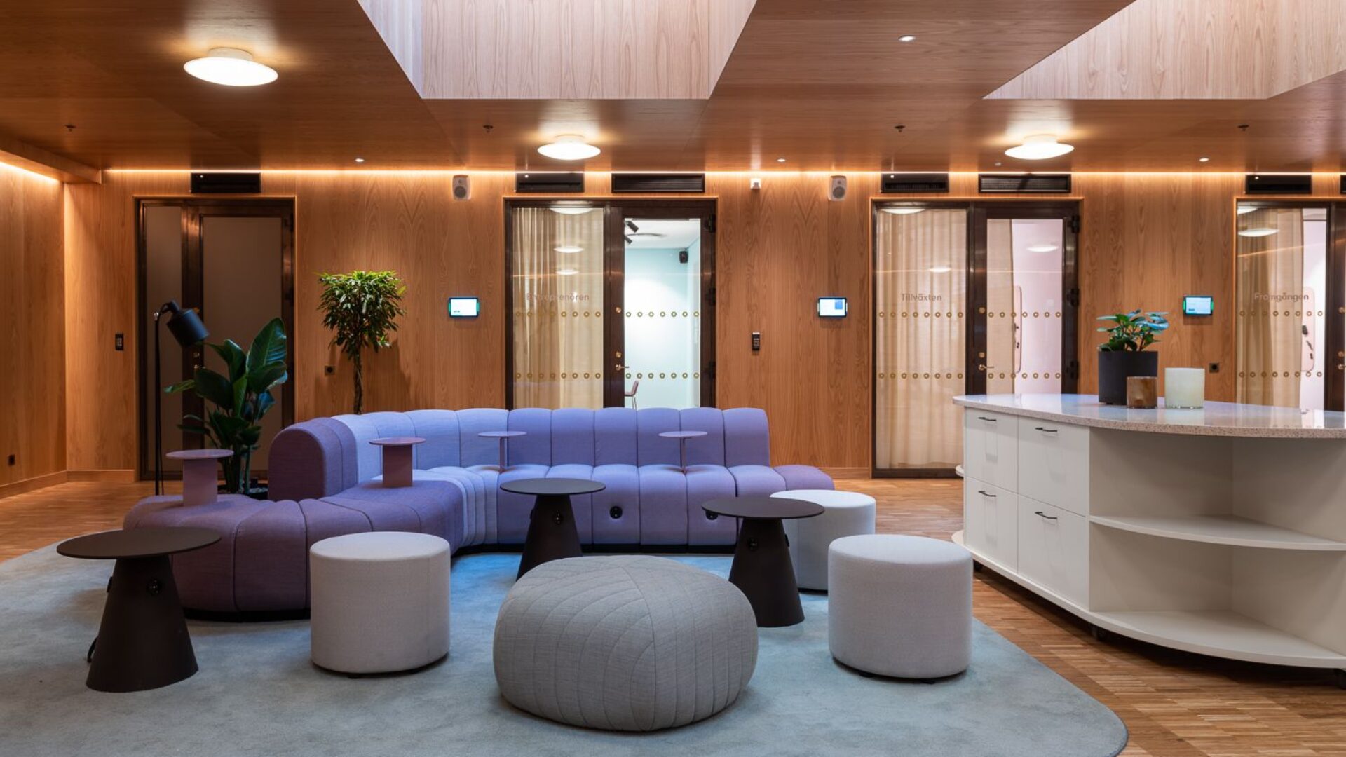 Modern kontorslounge med lila soffor, träpaneler och elegant inredning.