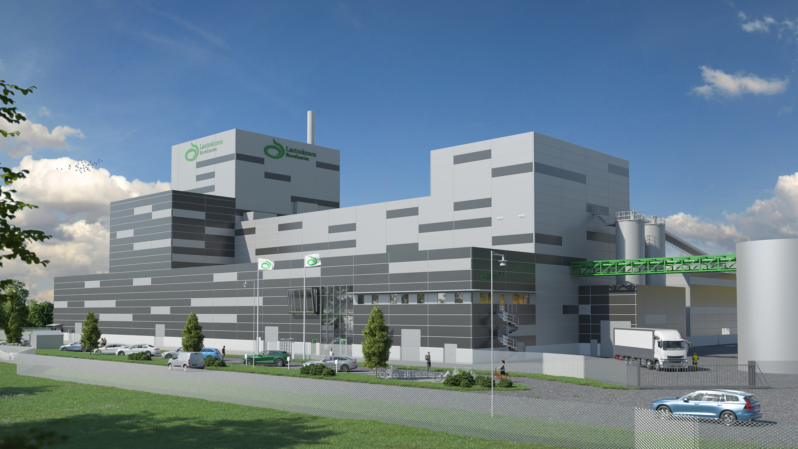 Visualisering: Modern byggnad av Lantmännen Biorefineries med bilar och grönska framför. Klar himmel i bakgrunden.