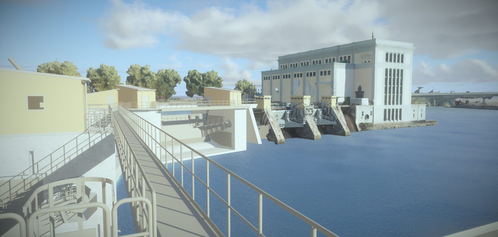 Vattendamm med industriella byggnader och gångbro över vatten under klarblå himmel.