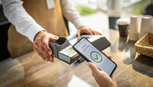 Kortläsare i butik som sträcks fram. I förgrunden en betalningsbekräftelse på mobiltelefondisplay.