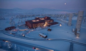 Visionsskiss över Kiruna nya sjukhusområde, i vinterskrud by night