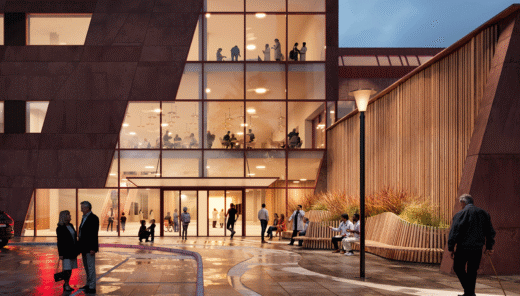 Visionsskiss av Kiruna nya sjukhus. Genom en glasfasad i kvällsbelysning syns människor på olika våningar.