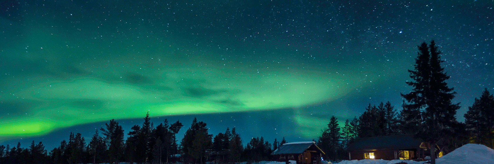 Norrsken i Sverige i mörkt grönblå toner. Granar och ett par stugor i nederkant.