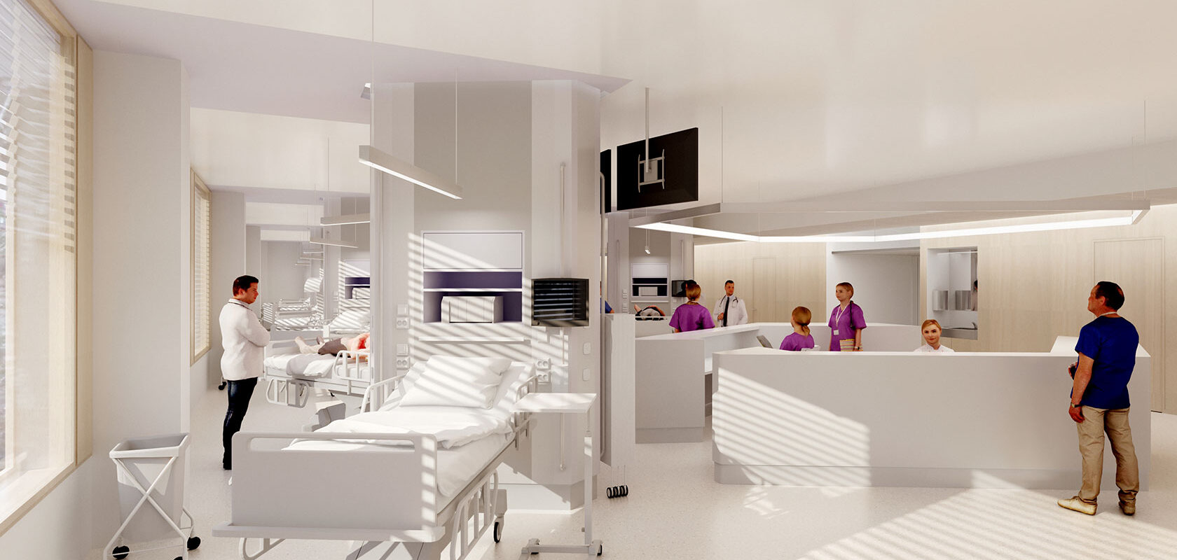 En visionsskiss av ett modernt sjukhusrum med patientbäddar och sjuksköterskor vid receptionen