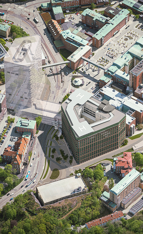 Flygfoto över campusområde med inritade visionsskisser av nya byggnader
