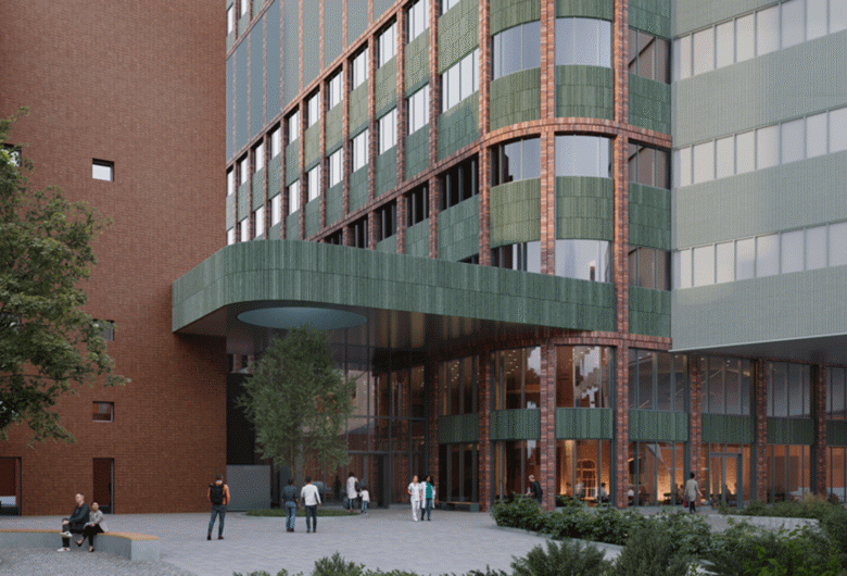 Visionsskiss av modern sjukhusbyggnad med grön fasad och glasentré, människor på innergård