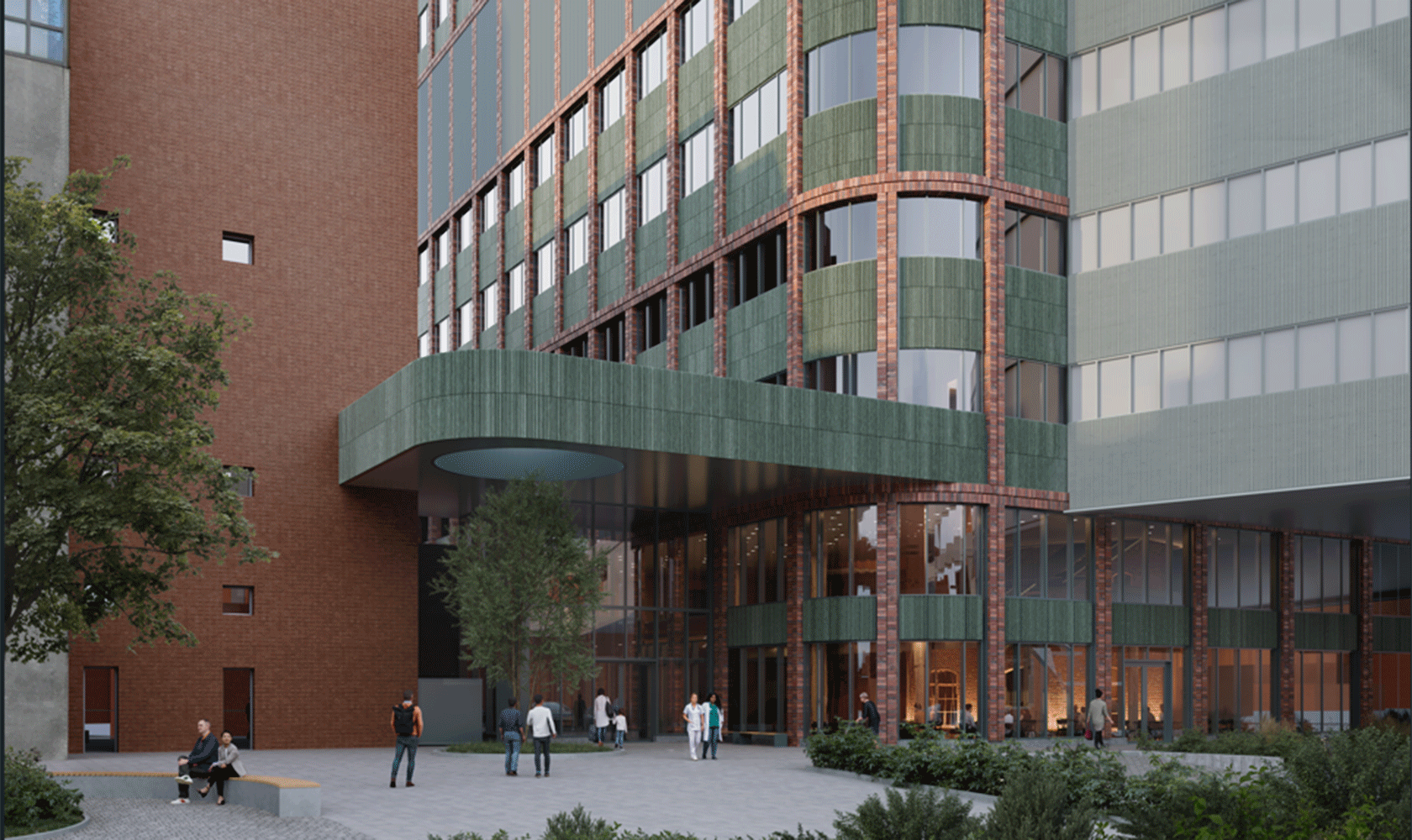Visionsskiss av modern sjukhusbyggnad med grön fasad och glasentré, människor på innergård