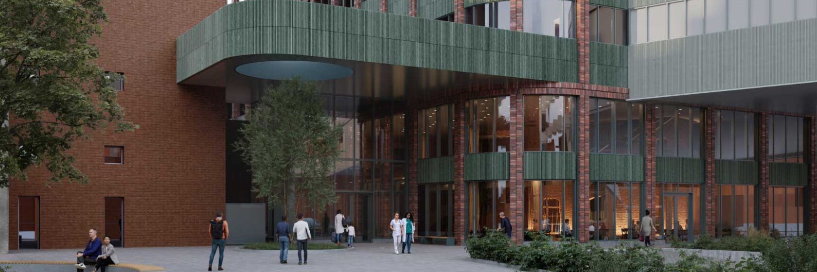 Modern byggnad med gröna fasadpaneler och glasentré, människor på gårdsplanen