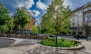 Växtbäddar vid nyanlagt torg i Stockholm som samlar upp regnvatten i dagvattenlösning